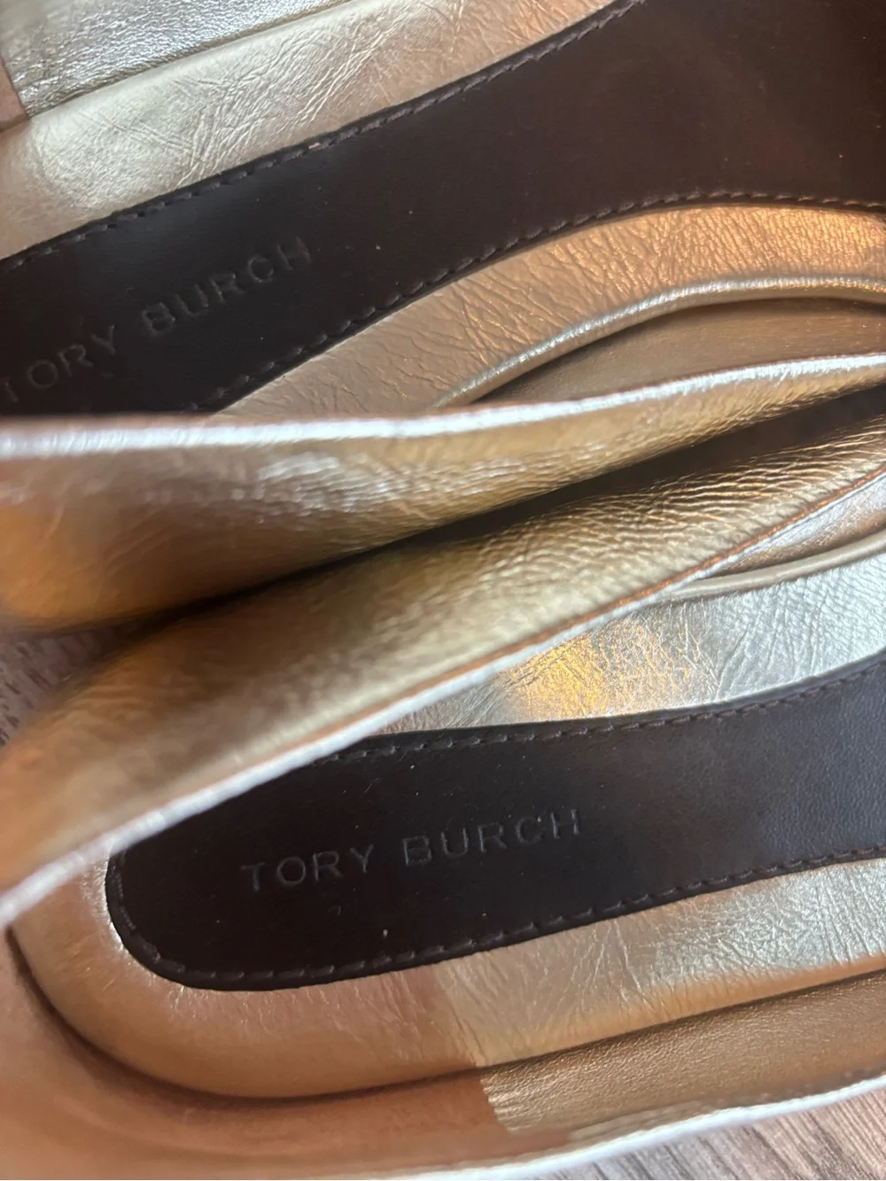 Tory Burch Georgia Metallic Gold Square-Toe Logo Ballet Flats size 8